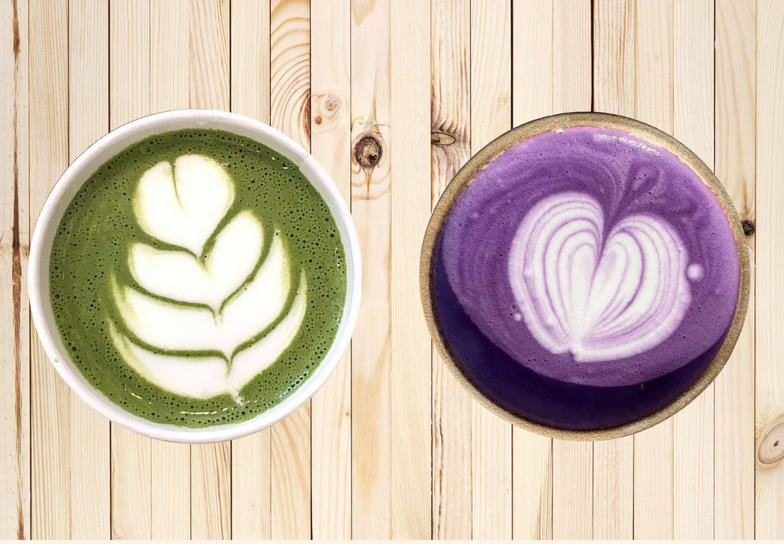tasse de matcha et tasse de ube